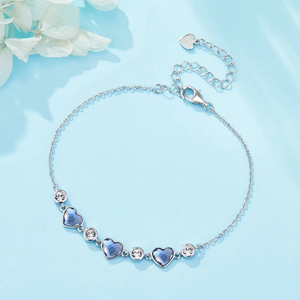 Luxury 925 Sterling Silver Blue Heart Shaped Austrian Crystal Chain Link Bracelets for Women Girls Cute Charm Bracelet Jewelry