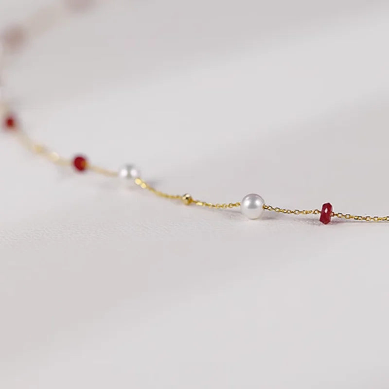 Fine Jewelry 18K yellow natural ruby Freshwater pearl Necklace Pendant Wedding Gift For Women X2004