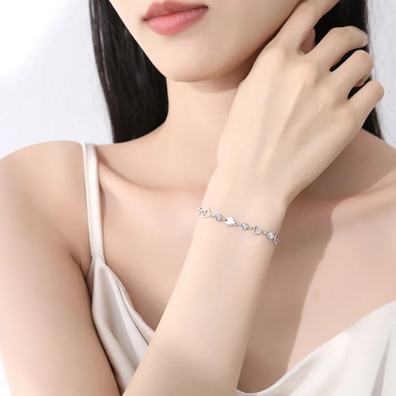 NEW European S925 Sterling silver Clear Pink AAA CZ Love Words Heart Bracelet Chain For Women Birthday Gift Jewelry