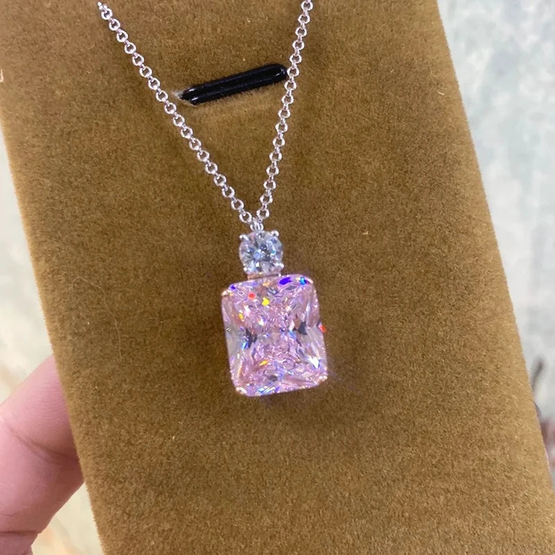 Huitan Sweet Pink Cubic Zirconia Pendant Necklace for Women Silver Color Chain Gold Plated Charm Unique Female Necklace Jewelry