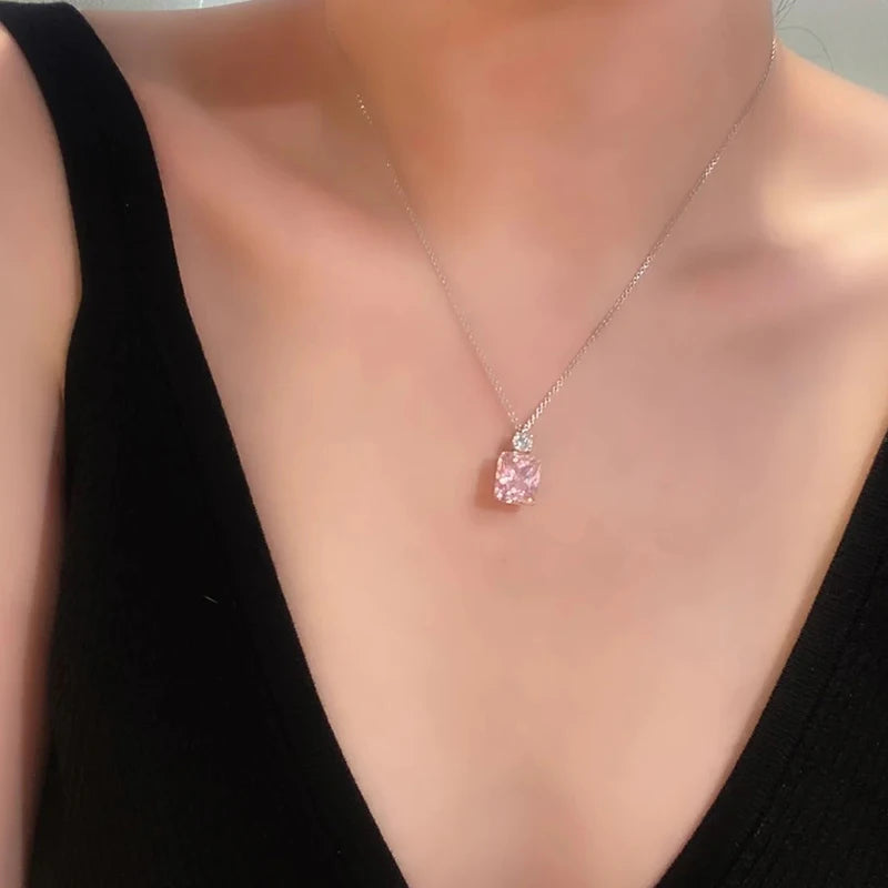 Huitan Sweet Pink Cubic Zirconia Pendant Necklace for Women Silver Color Chain Gold Plated Charm Unique Female Necklace Jewelry