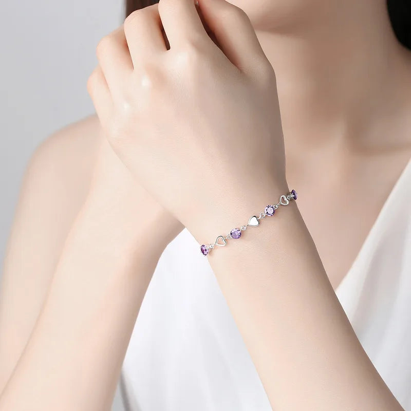 NEW European S925 Sterling silver Clear Pink AAA CZ Love Words Heart Bracelet Chain For Women Birthday Gift Jewelry