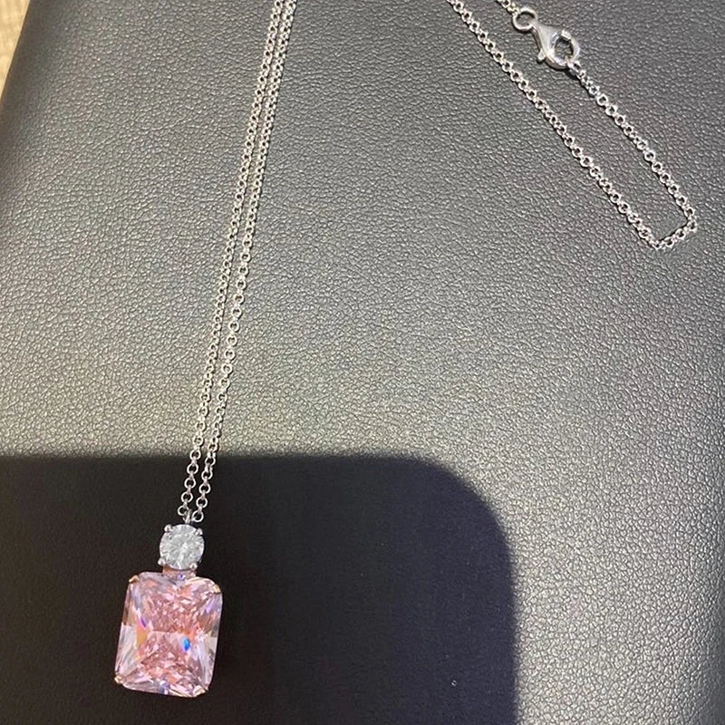 Huitan Sweet Pink Cubic Zirconia Pendant Necklace for Women Silver Color Chain Gold Plated Charm Unique Female Necklace Jewelry