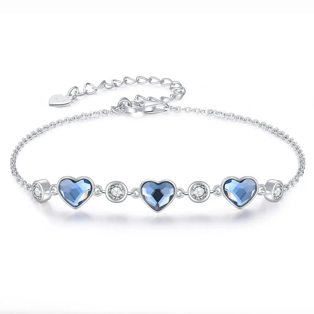 Luxury 925 Sterling Silver Blue Heart Shaped Austrian Crystal Chain Link Bracelets for Women Girls Cute Charm Bracelet Jewelry