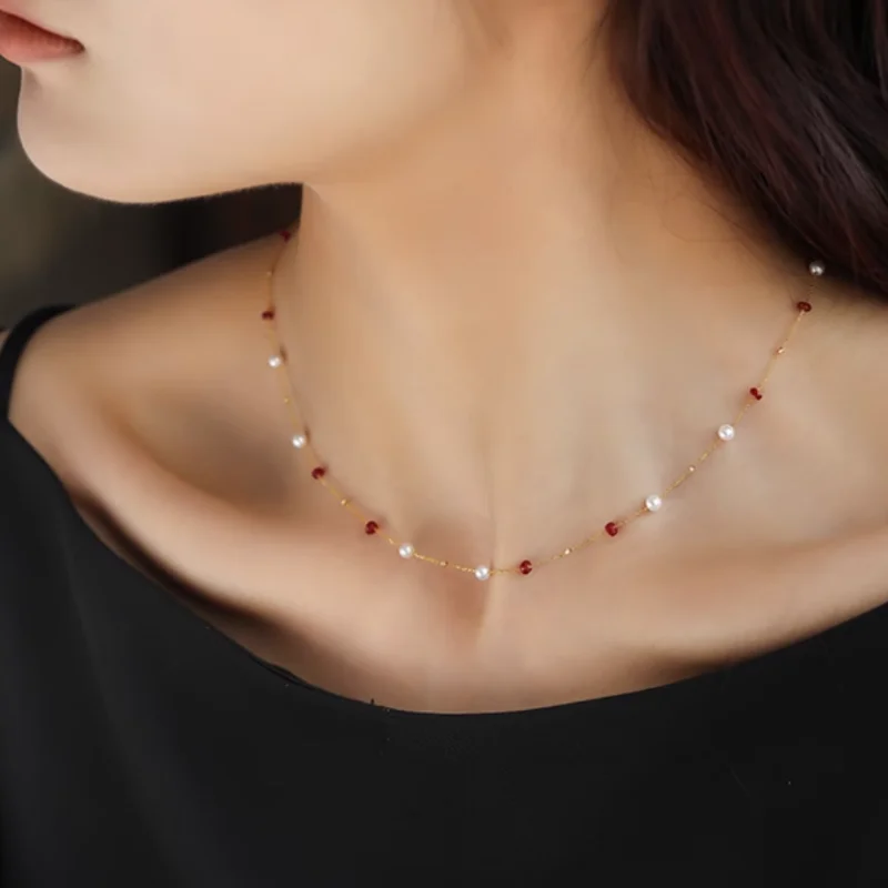 Fine Jewelry 18K yellow natural ruby Freshwater pearl Necklace Pendant Wedding Gift For Women X2004