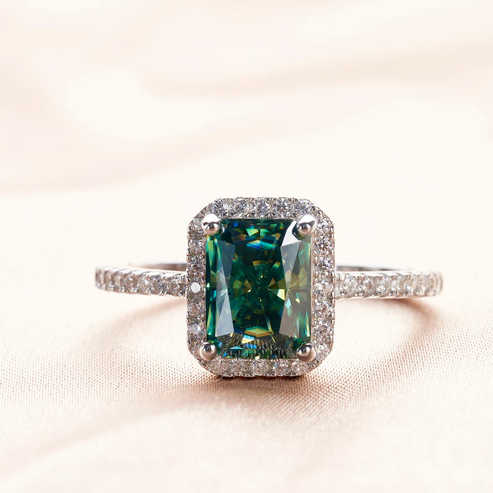 1/2 Carat  blue green color radiant cut moissanite ring 925 sterling silver moissanite rings female dating fine jewelry gift