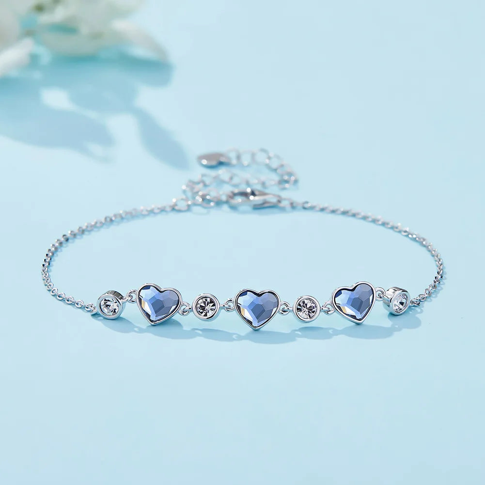 Luxury 925 Sterling Silver Blue Heart Shaped Austrian Crystal Chain Link Bracelets for Women Girls Cute Charm Bracelet Jewelry