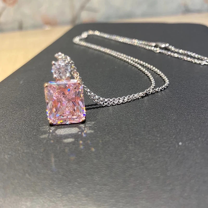 Huitan Sweet Pink Cubic Zirconia Pendant Necklace for Women Silver Color Chain Gold Plated Charm Unique Female Necklace Jewelry