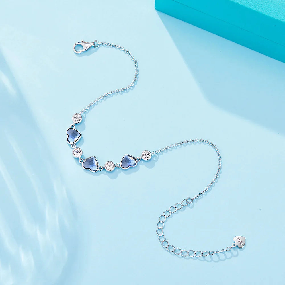 Luxury 925 Sterling Silver Blue Heart Shaped Austrian Crystal Chain Link Bracelets for Women Girls Cute Charm Bracelet Jewelry