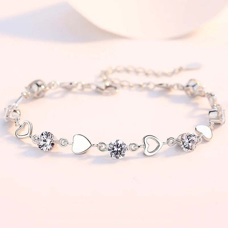 NEW European S925 Sterling silver Clear Pink AAA CZ Love Words Heart Bracelet Chain For Women Birthday Gift Jewelry