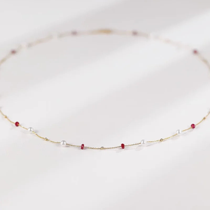 Fine Jewelry 18K yellow natural ruby Freshwater pearl Necklace Pendant Wedding Gift For Women X2004