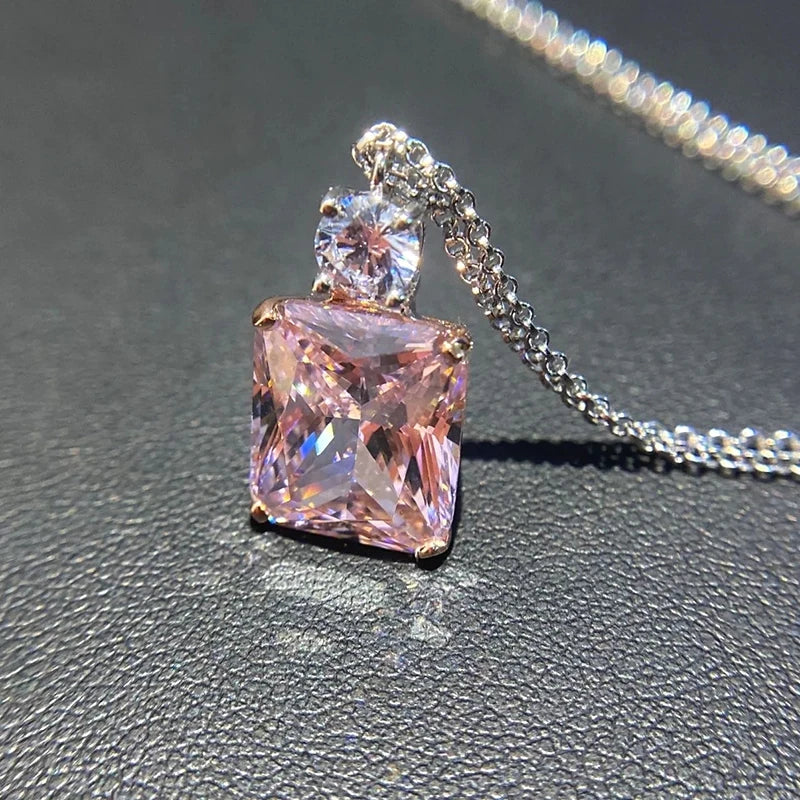 Huitan Sweet Pink Cubic Zirconia Pendant Necklace for Women Silver Color Chain Gold Plated Charm Unique Female Necklace Jewelry