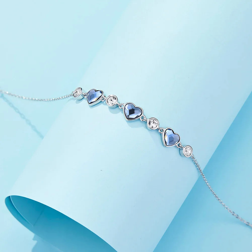 Luxury 925 Sterling Silver Blue Heart Shaped Austrian Crystal Chain Link Bracelets for Women Girls Cute Charm Bracelet Jewelry